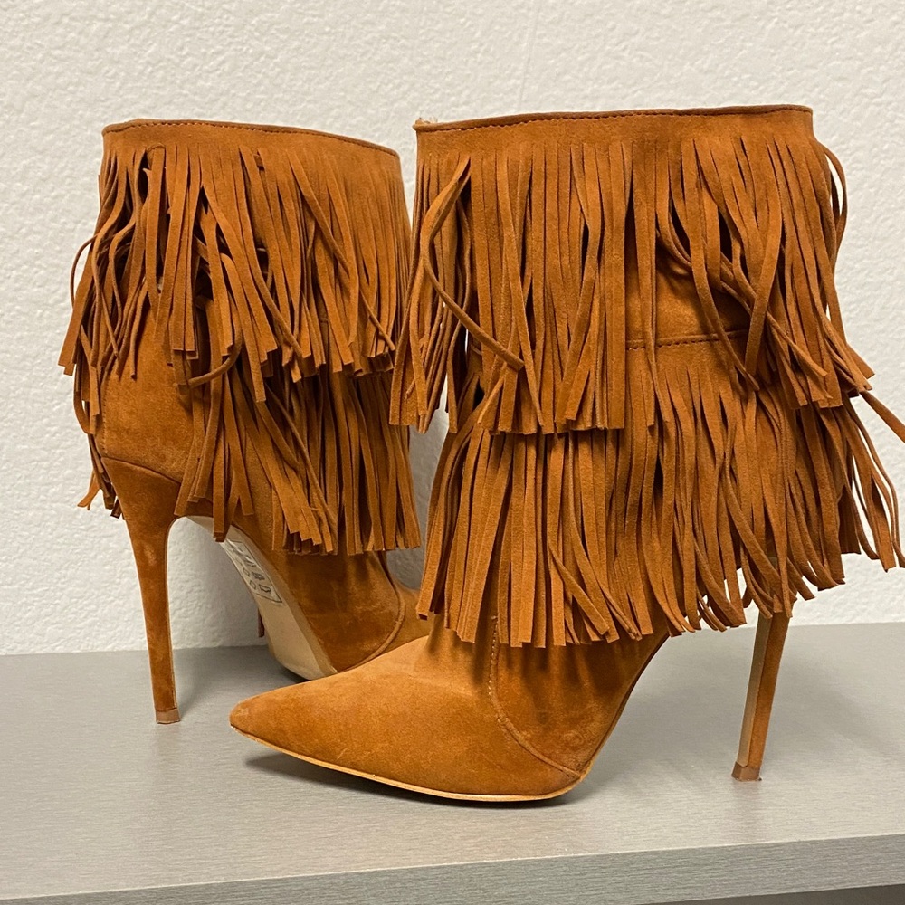 Fringed Tan High Heel Boots